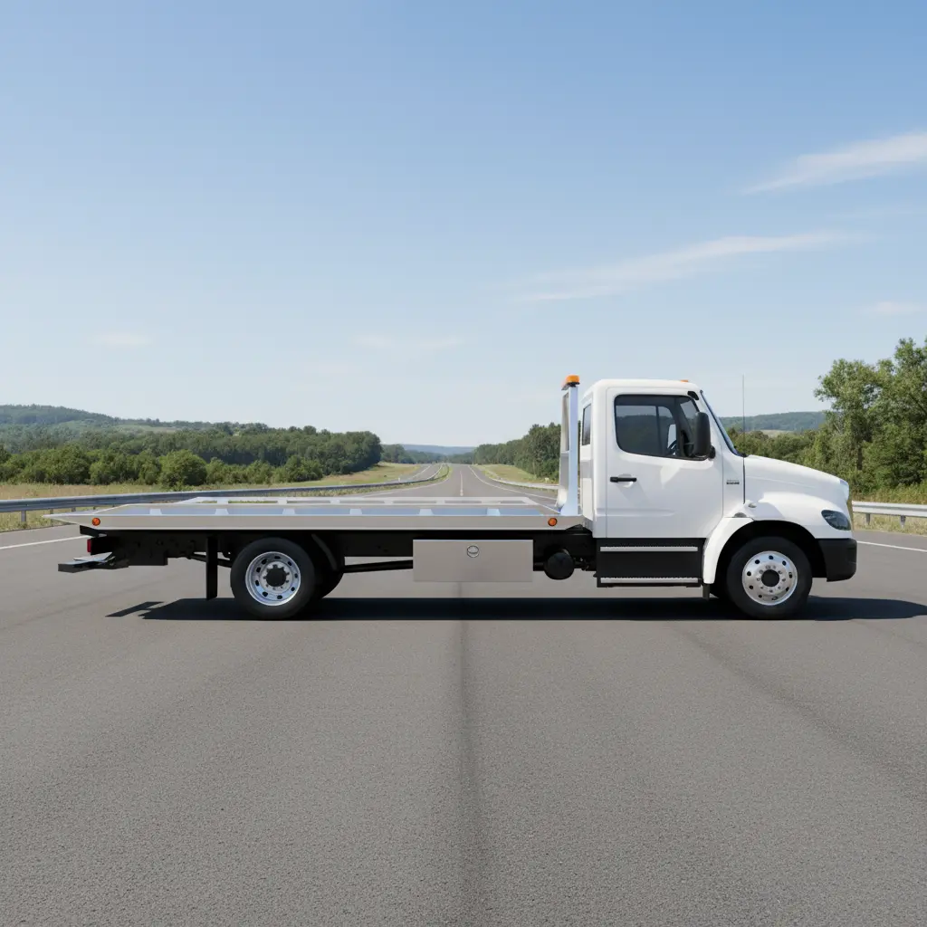 Modern flatbed tow truck parked on a clear road in daylight