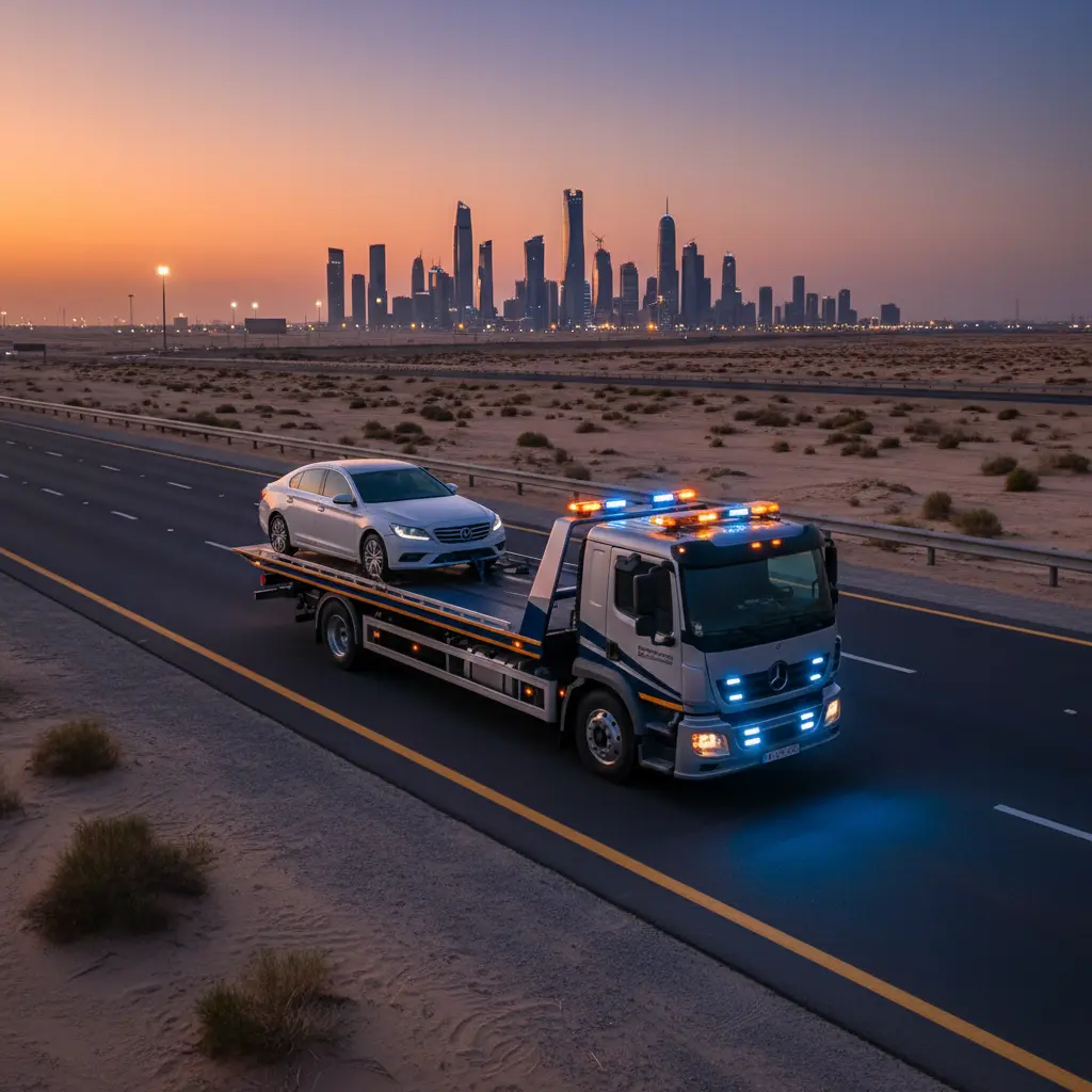 Flatbed tow truck assisting a sedan on a Qatar highway at dusk