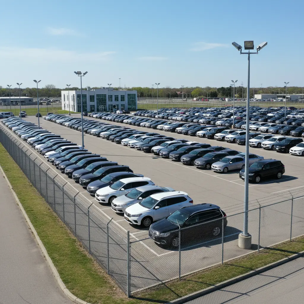 Fenced vehicle storage yard with organized rows and security lighting