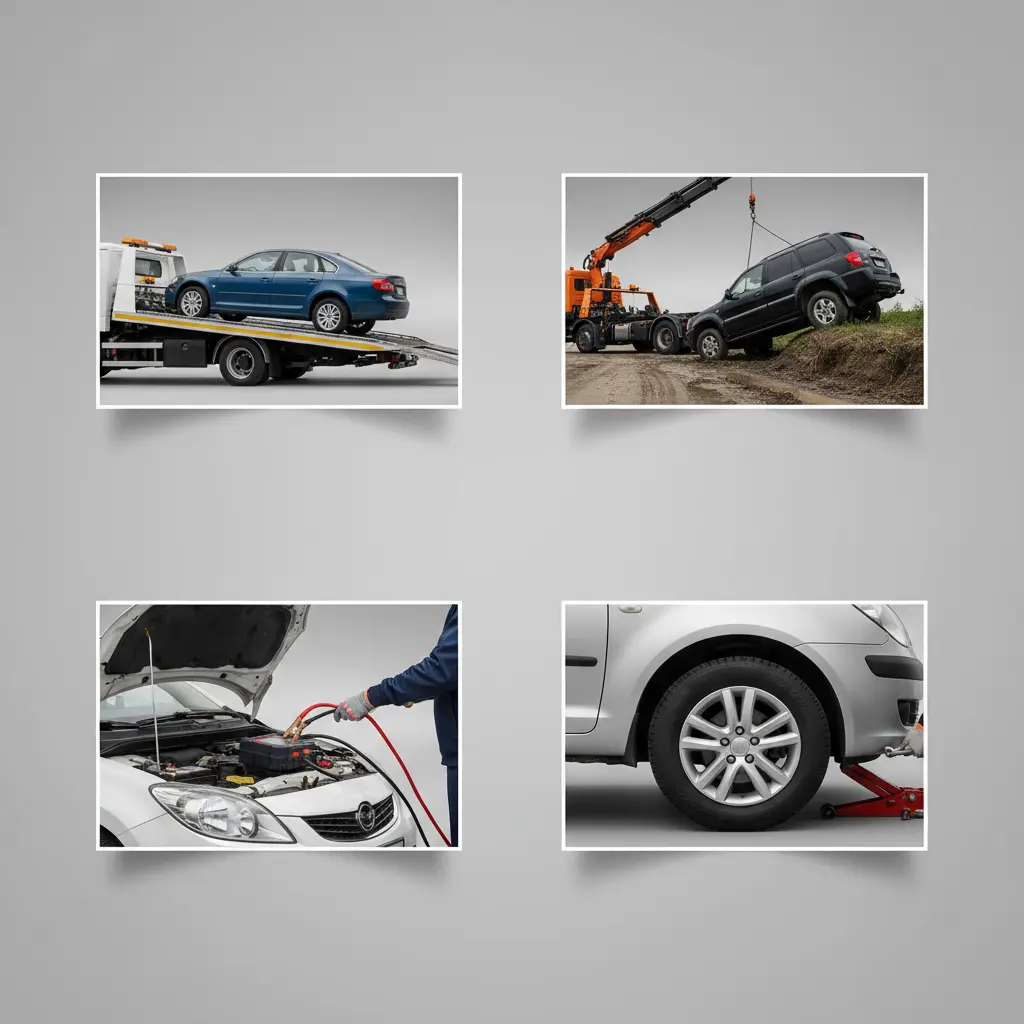 Towing and recovery scenes: flatbed loading, winching, jumpstart, tire change