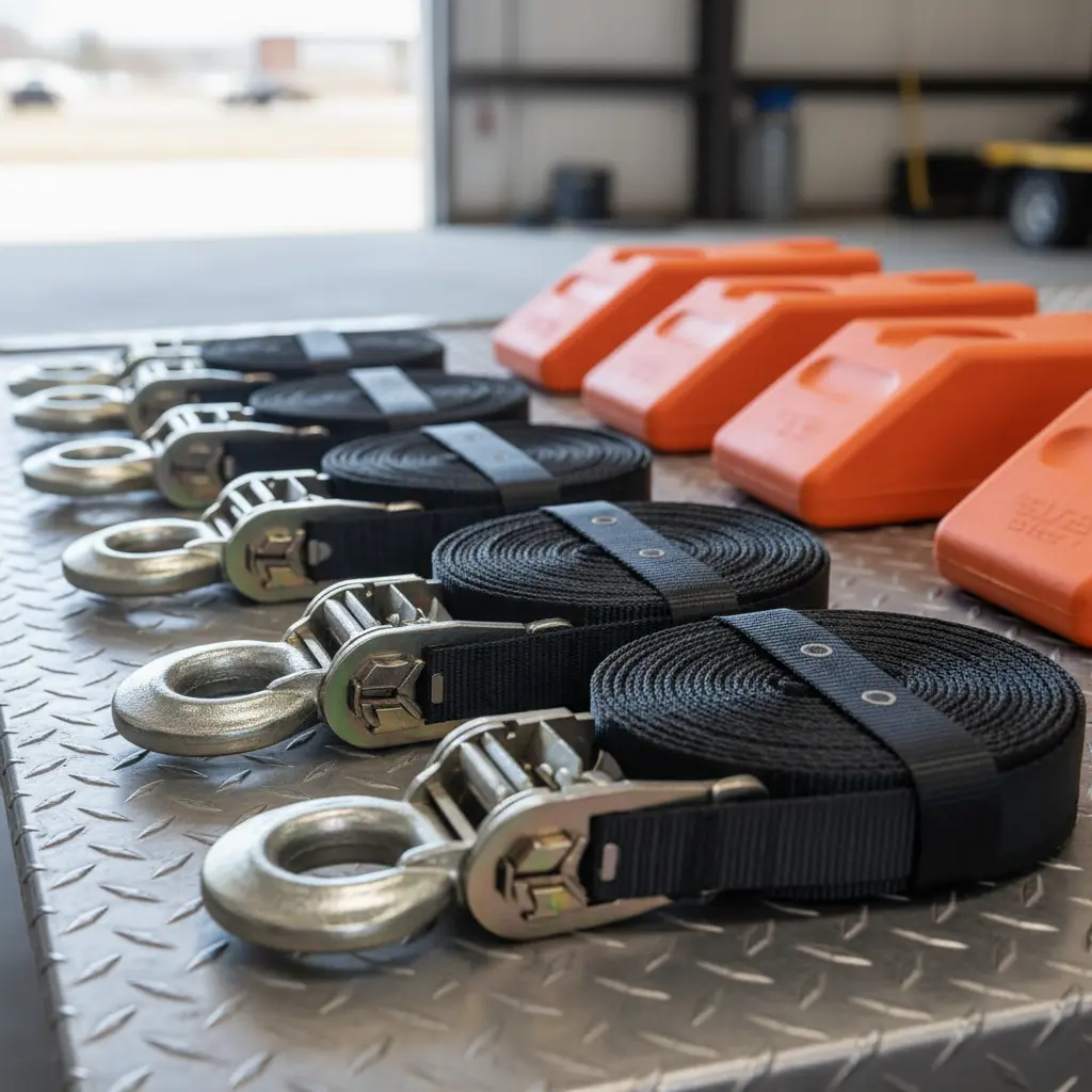 Towing equipment: ratchet straps and wheel chocks neatly arranged on a flatbed